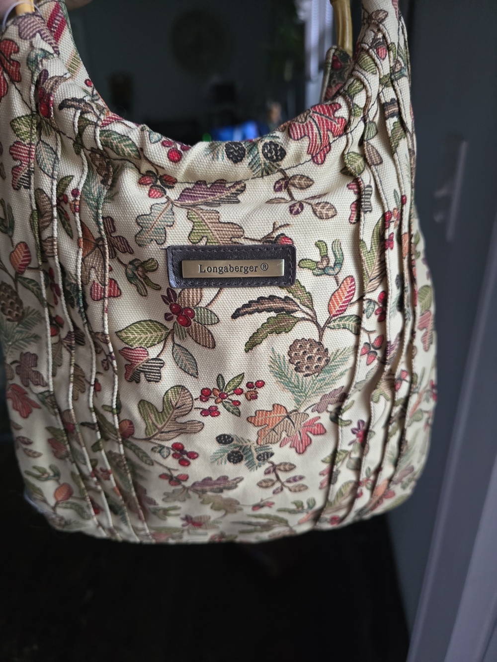 Longaberger Cream Floral Print Shoulder Bag with Green and Red Accents